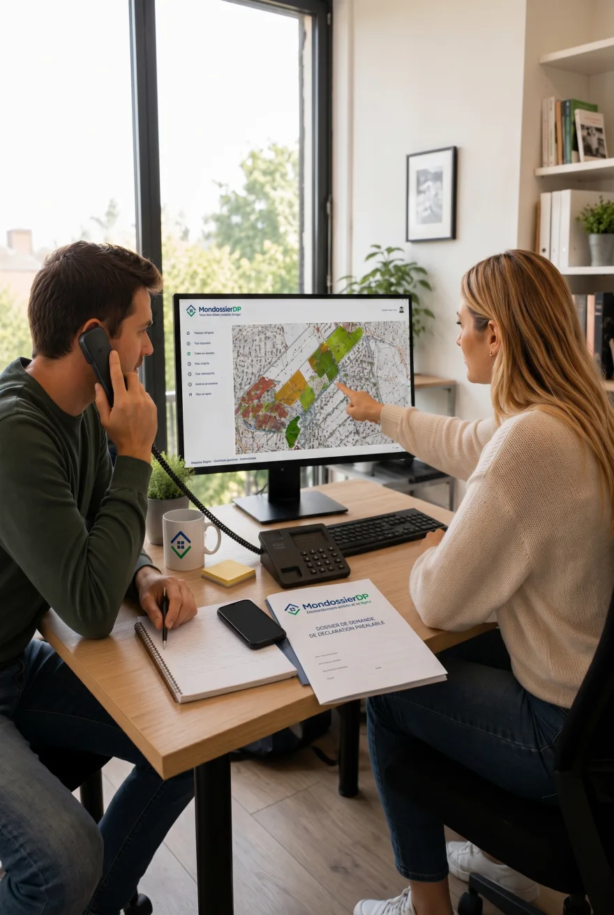 Deux conseillers MondossierDP devant un plan cadastral, un dossier de déclaration préalable posé sur le bureau