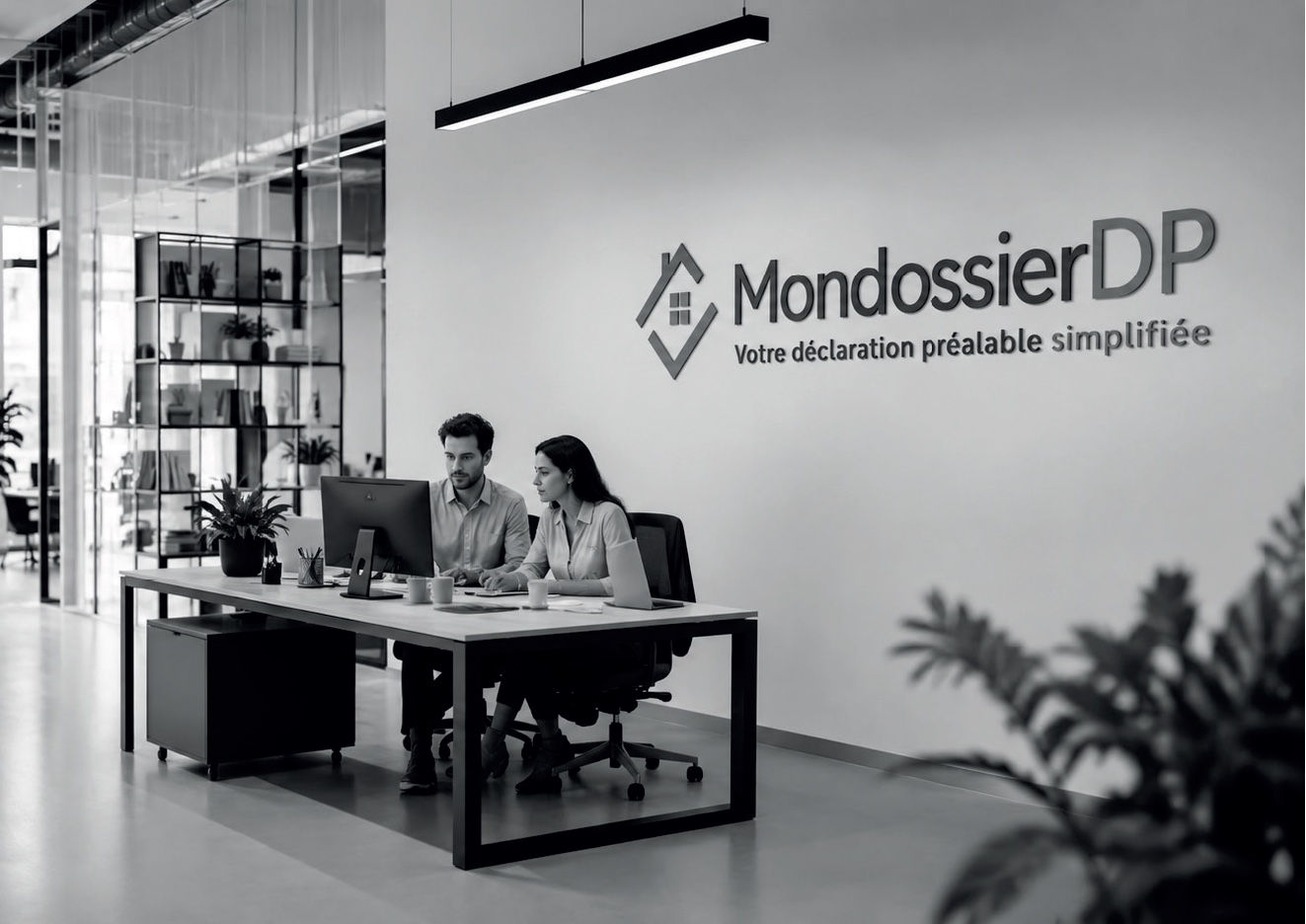 Deux conseillers MondossierDP devant un écran, dans les bureaux de l'entreprise.